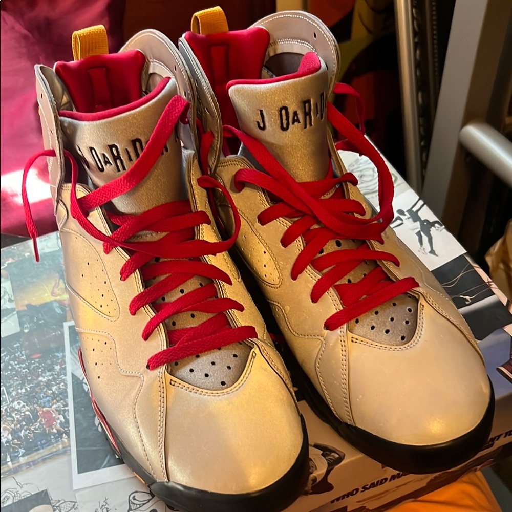 Jordan Gold and Red Sneakers Retro High-Top Design